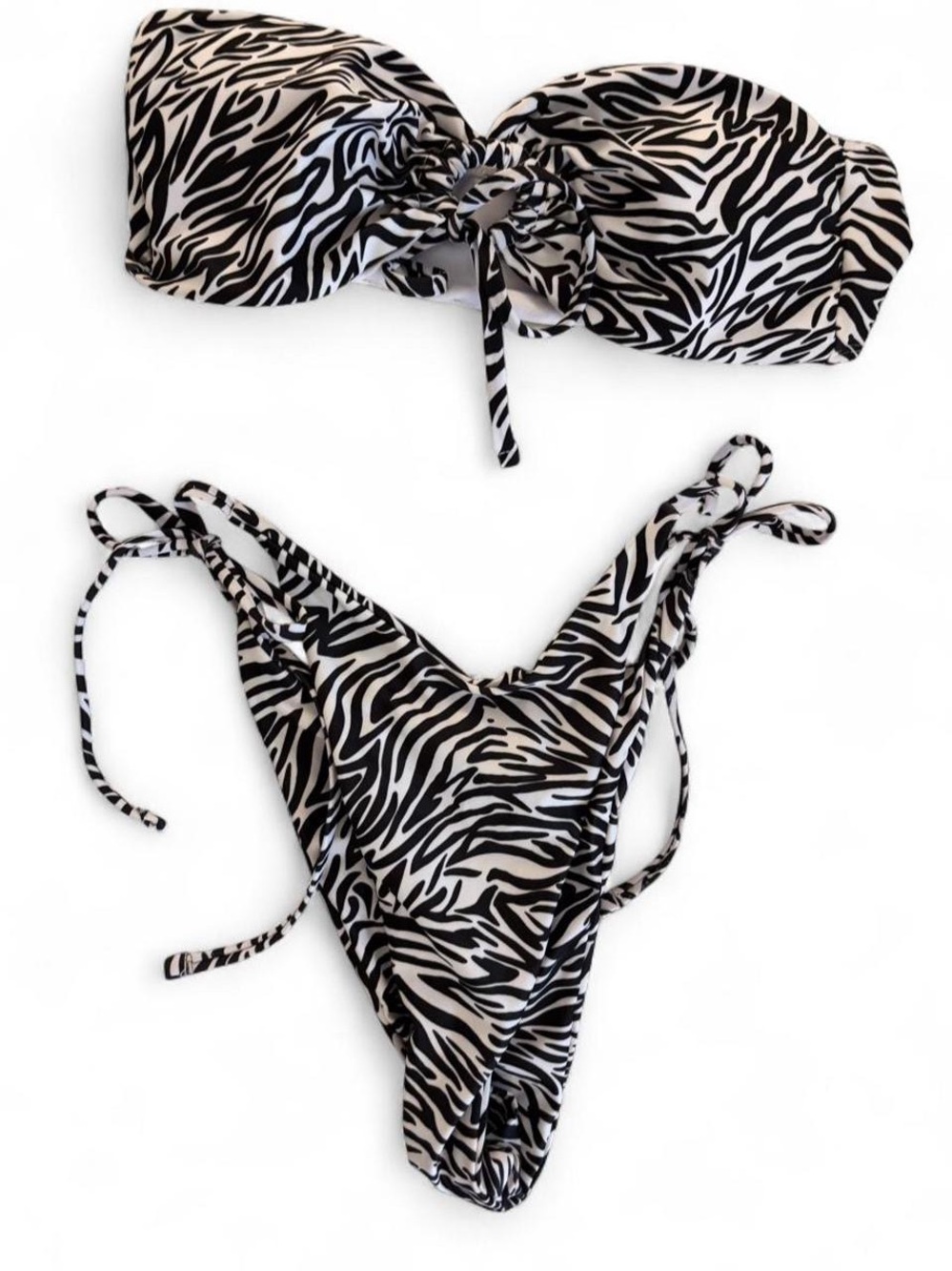 Zebra Print Tie-Front Bandeau Bikini Set - Black & White